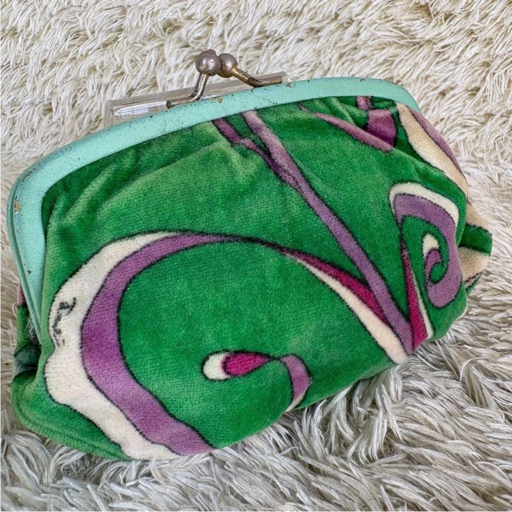 Emilio Pucci Velvet Green Kiss Lock Logo Green And Purple Clutch